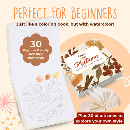 Autumn-themed watercolor sketchbook with illustrations and blank pages on a light background