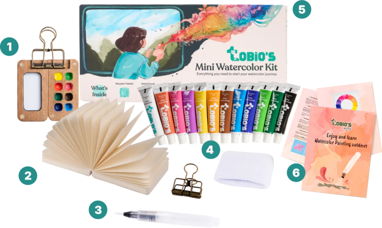 Contenido completo del kit de acuarelas Tobio